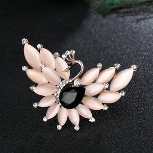 Elegant Pink Opal Peacock Pin Brooch, Rhinestones